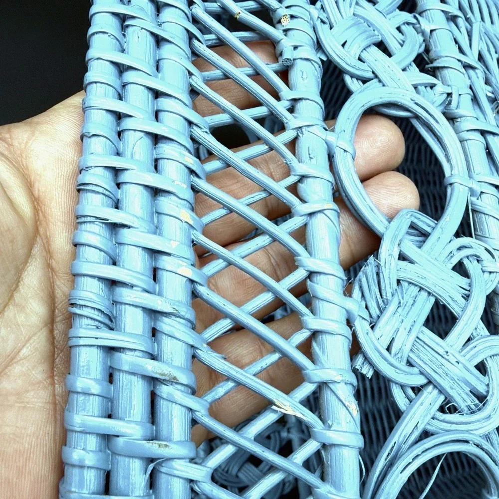 VTG Wicker Basket Light Blue Painted Braided Knot Openwork Lattice Decor